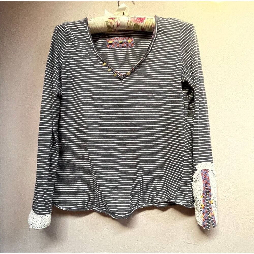 Anthropologie Little Yellow Button Henley Striped Top Long Sleeve Small Black